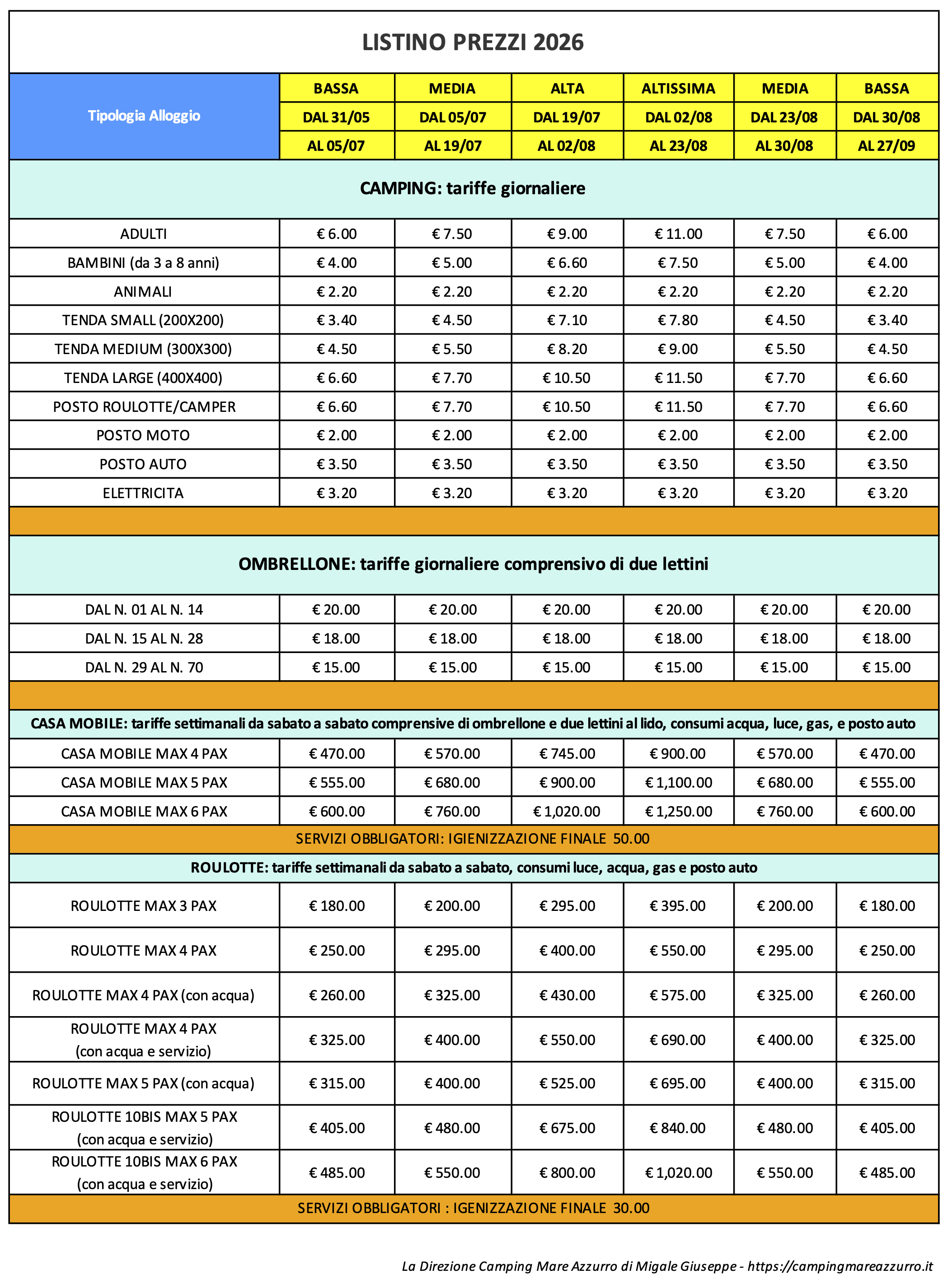 Listino Tariffe 2026